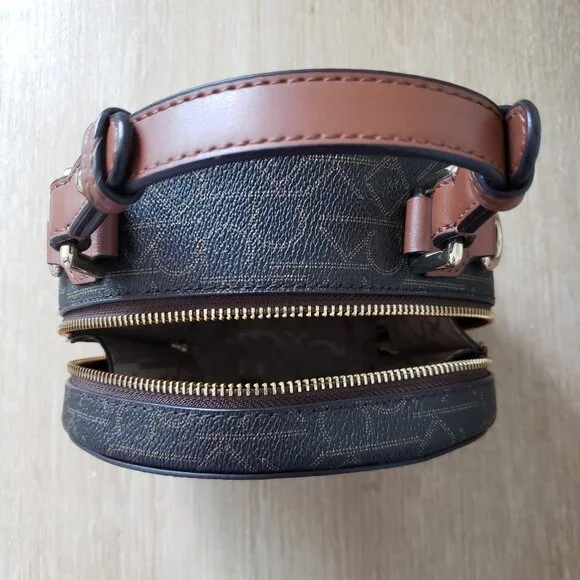 Calvin Klein Dark Brown Monogram Round Crossbody with Tan Handle - Picture 7 of 9